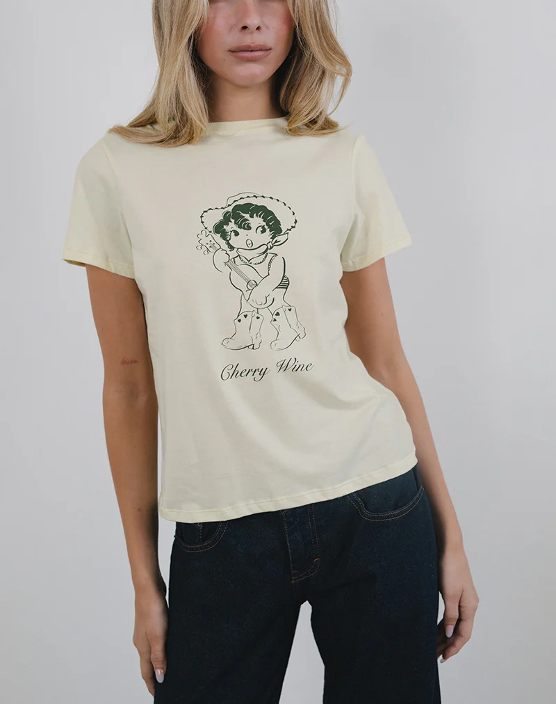 Saki Tee in Buttermilk with Cherry Wine Print - Awmao