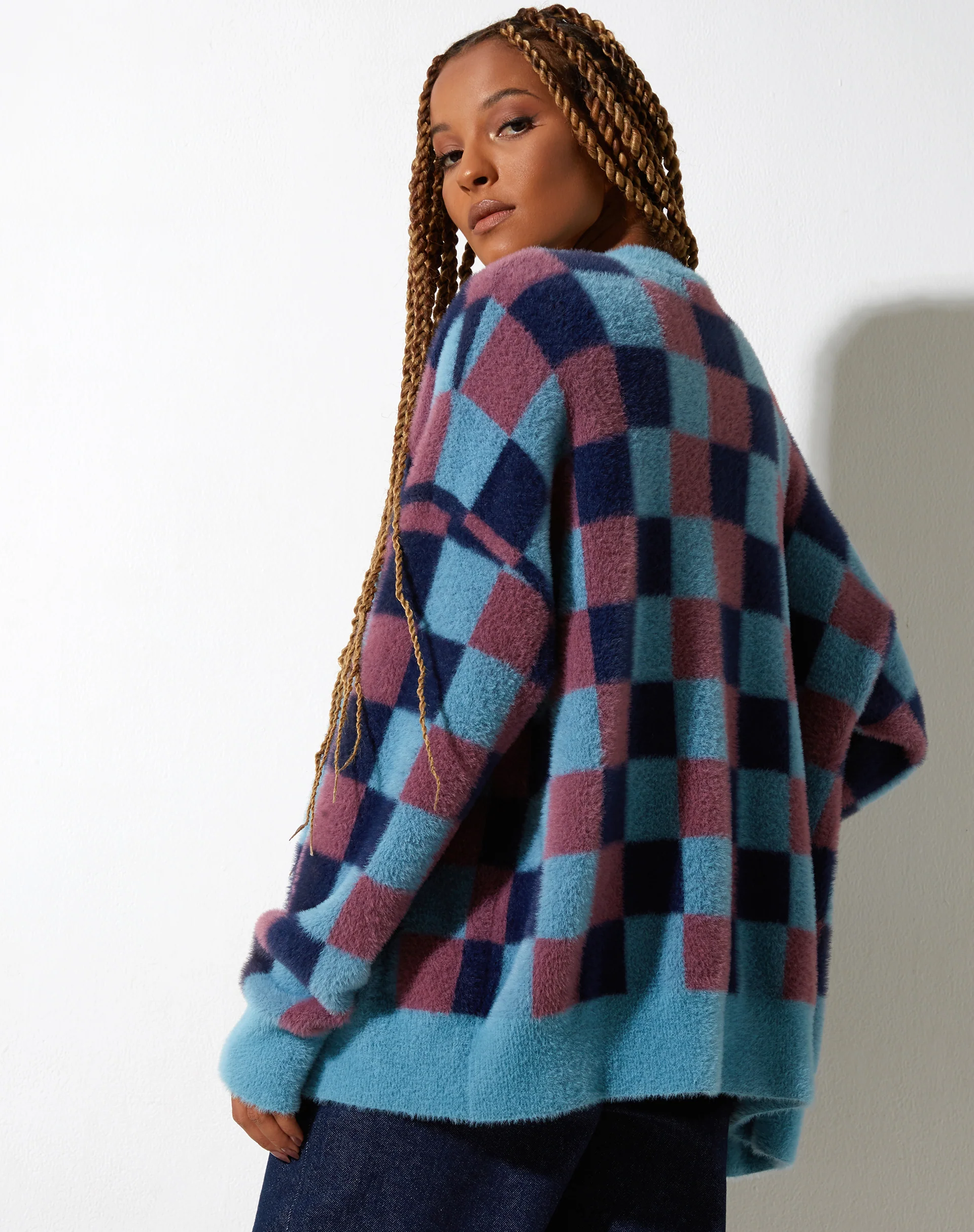 Talana Cardi in Check Blue Tones - Awmao