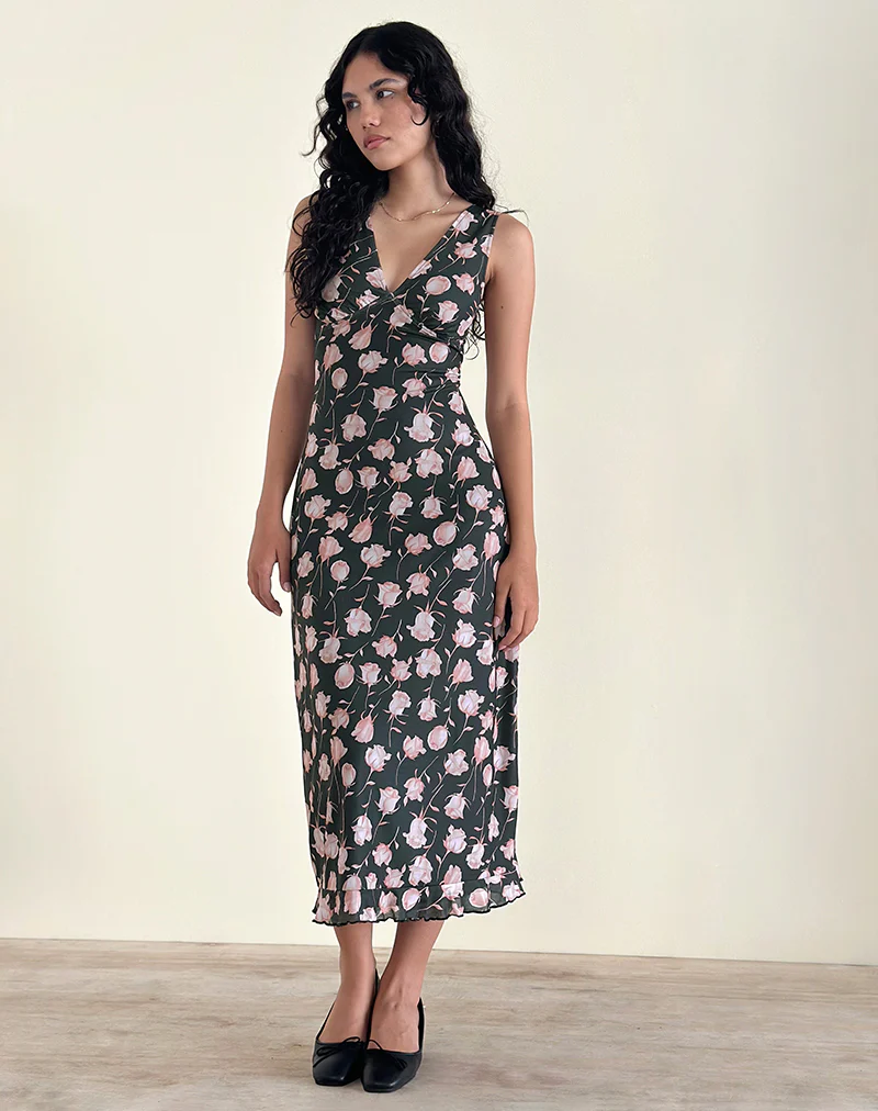Gabriela Midi Dress in Falling Rose Jet Black - Awmao