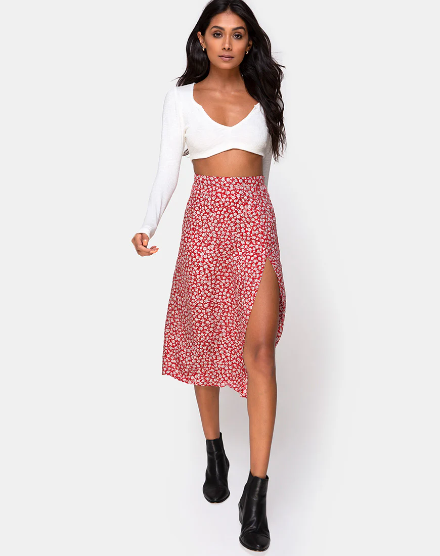 Saika Skirt in Ditsy Rose Red Silver - Awmao