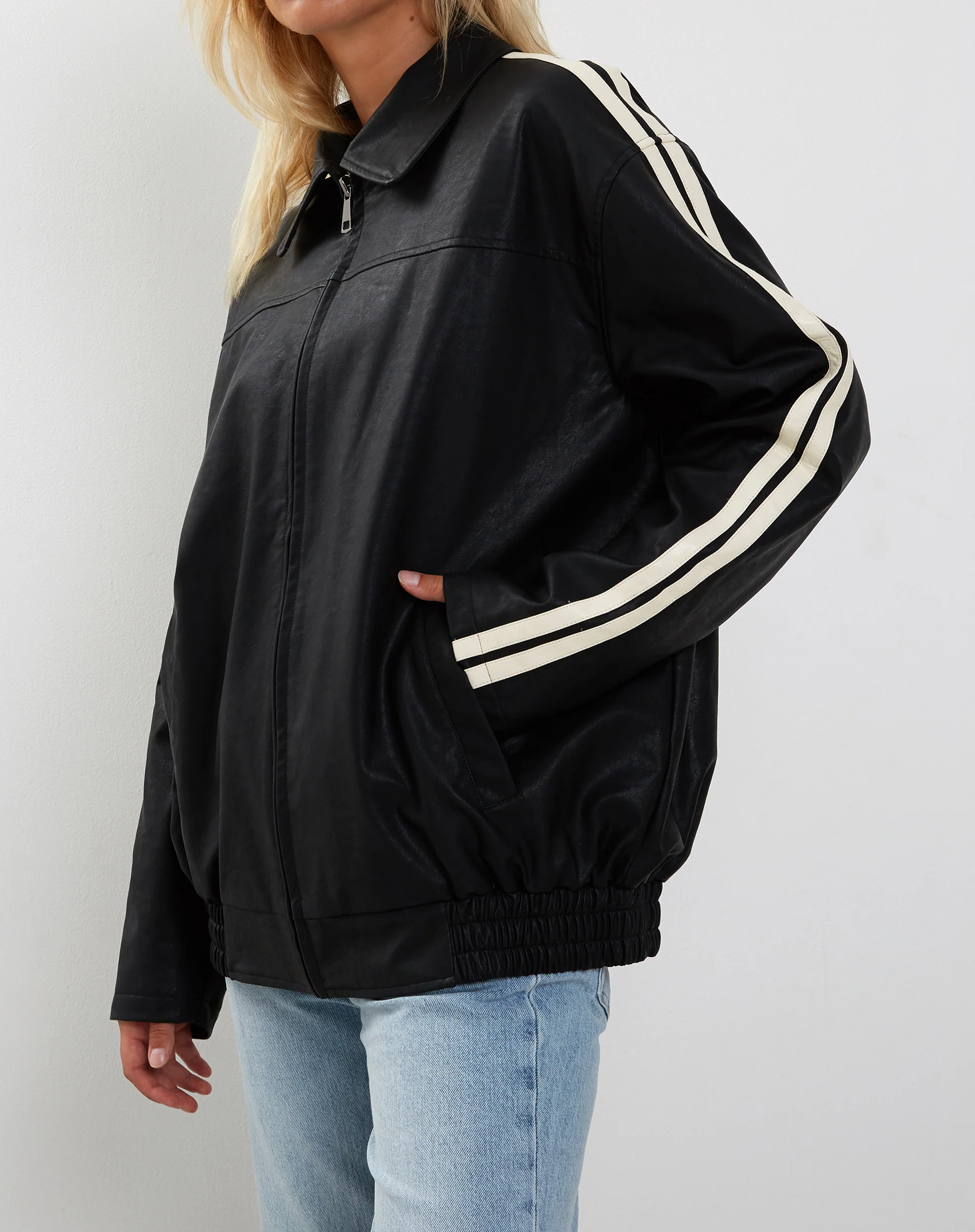 Javana Zip Up Jacket in PU Black with Beige Stripe - Awmao