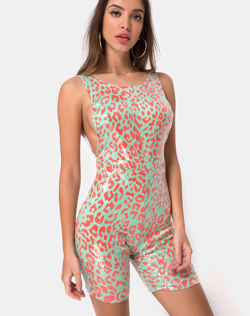 Acro Unitard in Fluro Leopard Clear Sequin - Awmao