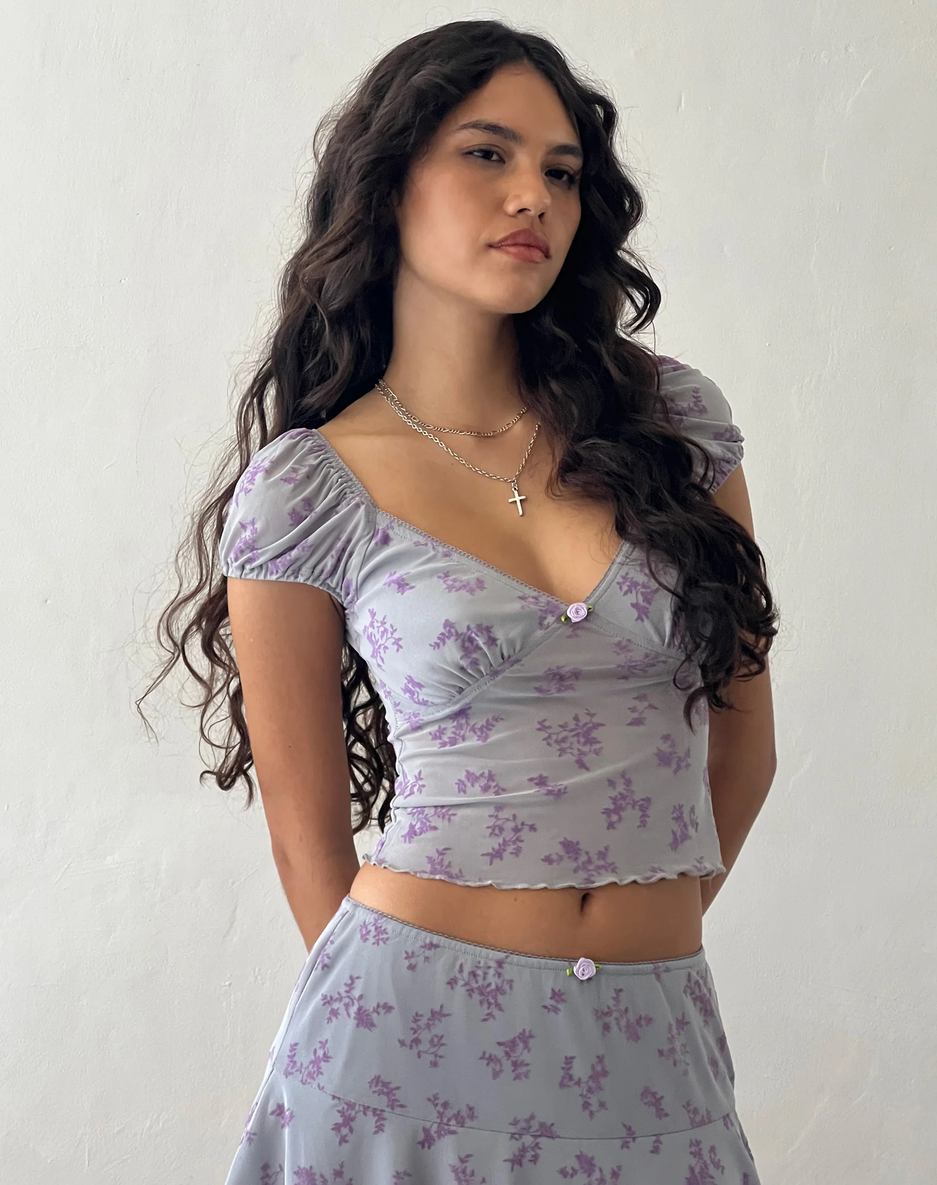 Lorenne Sweetheart Mesh Top in Purple Botanist Flock - Awmao