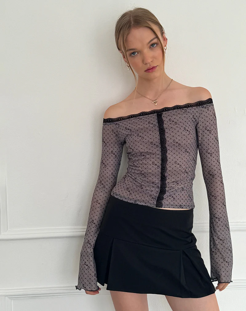Neve Mesh Bardot Top in Queen of Heart Print - Awmao