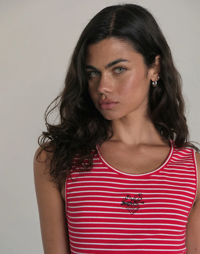 Lorica Tank Top in Red and White Stripe with Strawberry Emb - Awmao