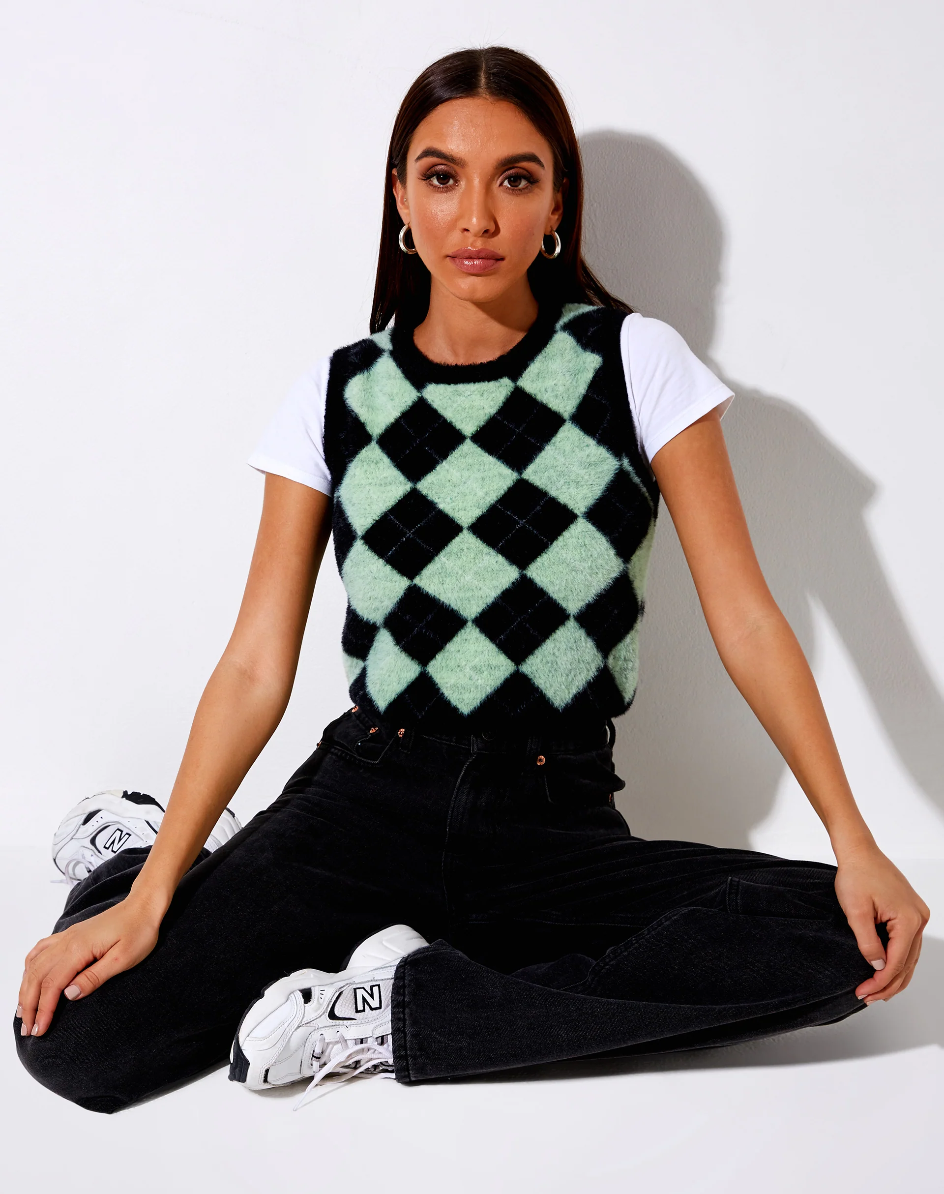 Saki Tank Top in Knit Diamond Black and Green - Awmao