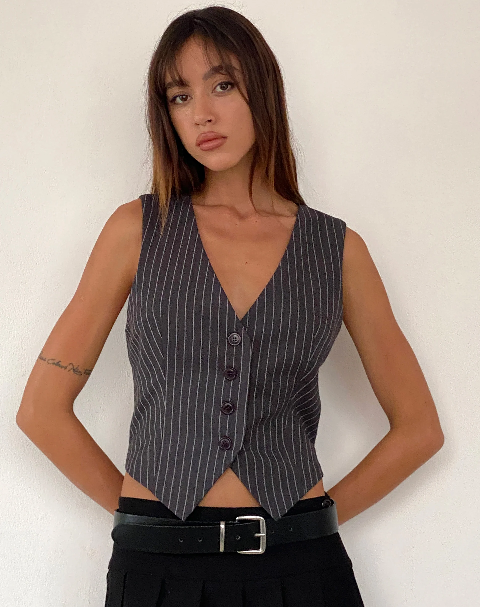 Canta Tailored Vest Top in Dark Grey Pinstripe - Awmao