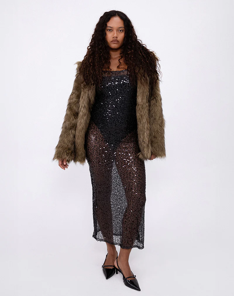Darsih Maxi Dress in Sequin Mesh Black - Awmao