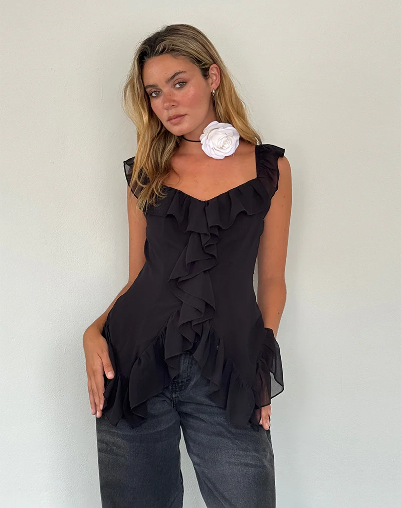 Glaiza Ruffle Cami Top in Black - Awmao