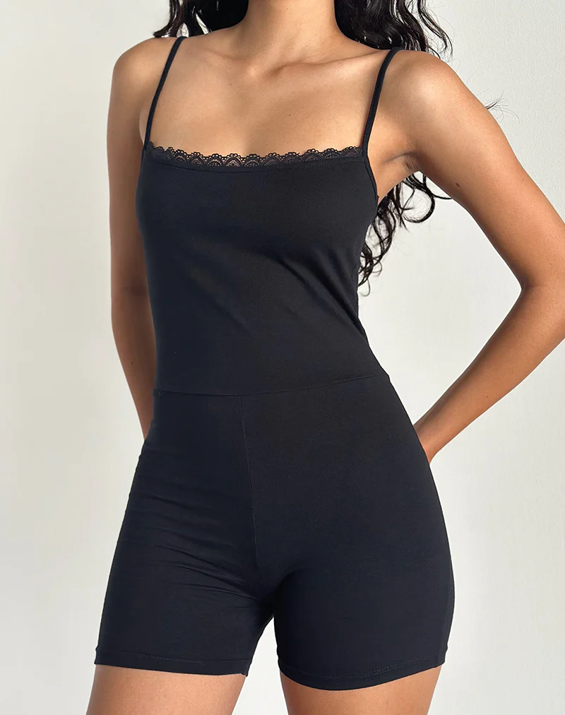 Mitski Unitard in Black with Lace Trim - Awmao