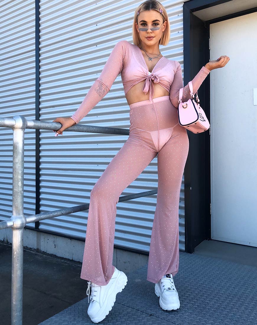 Herlom Flare Trouser in Crystal Net Rose - Awmao