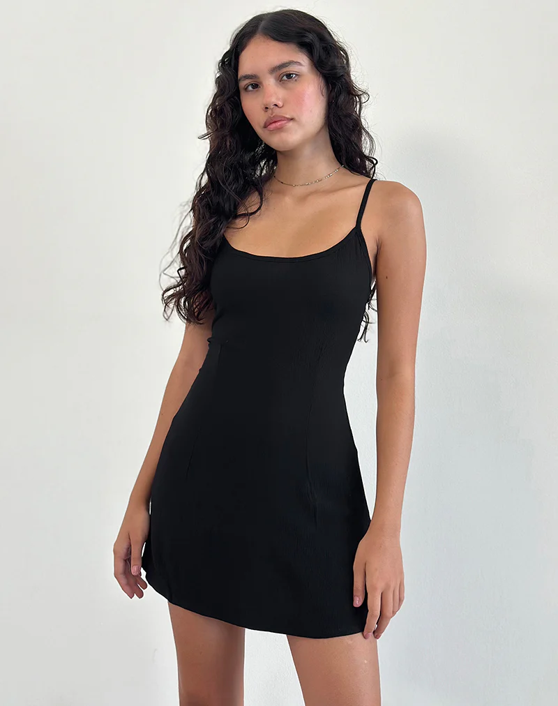 Samiya Mini Dress in Crinkle Black - Awmao