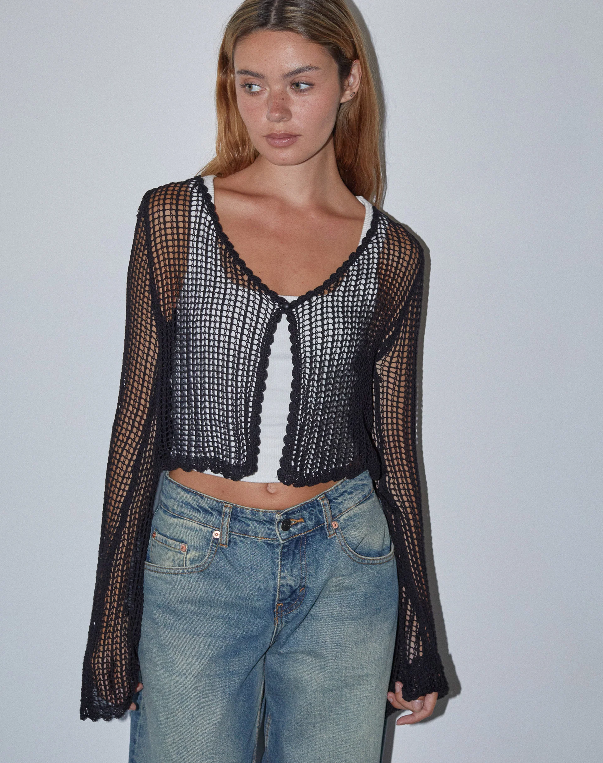 Septa Cropped Knit Cardigan in Black - Awmao