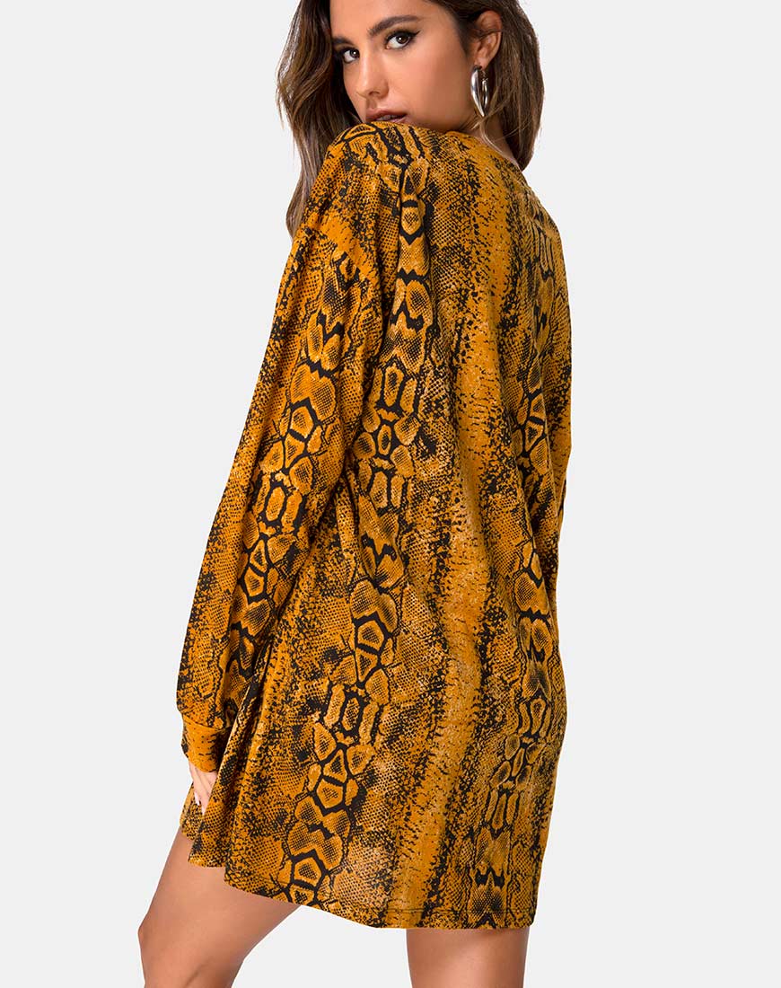 Lotsun Jumper Dress in Snake Mustard - Awmao