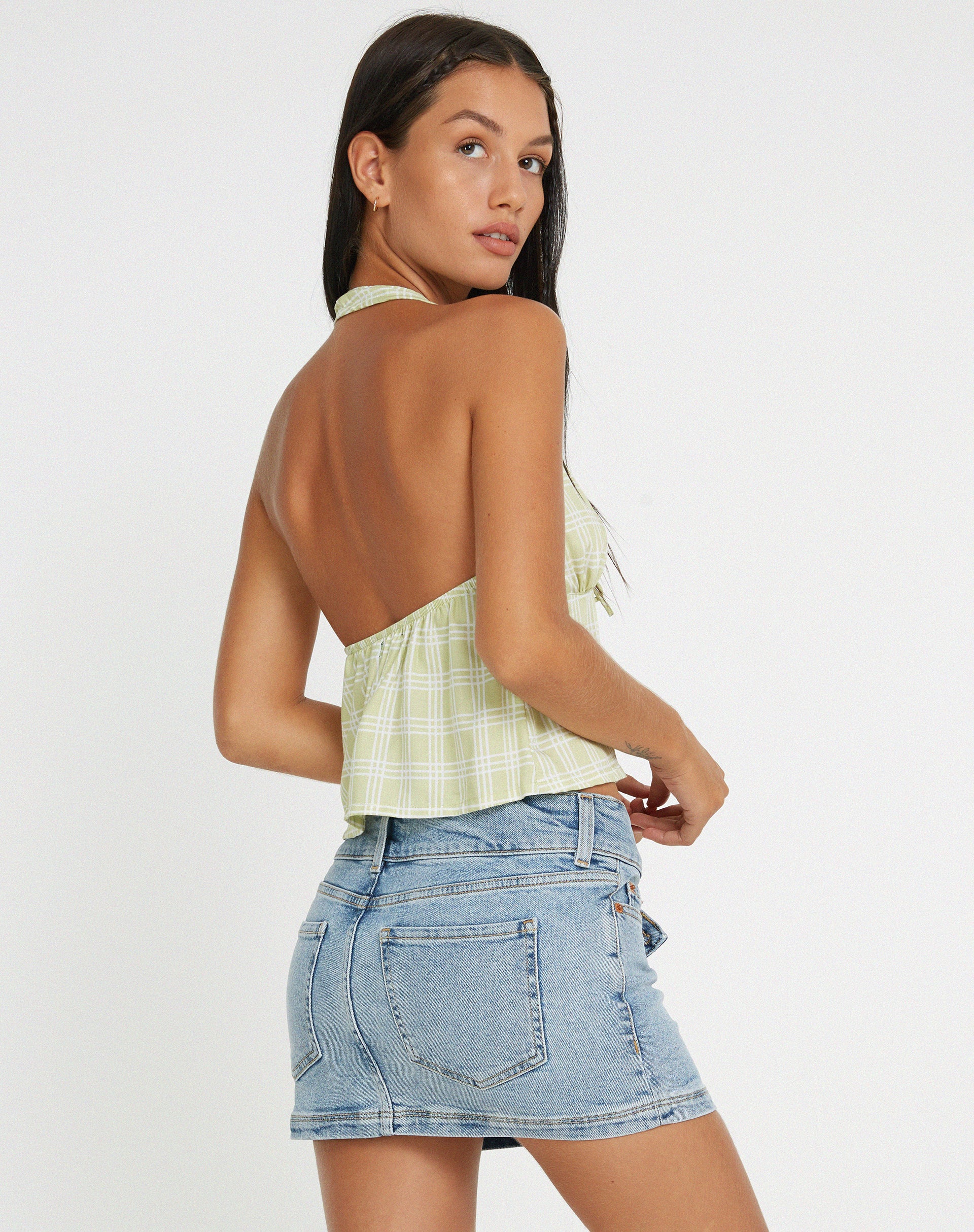 Roula Halter Top in Sage Check - Awmao