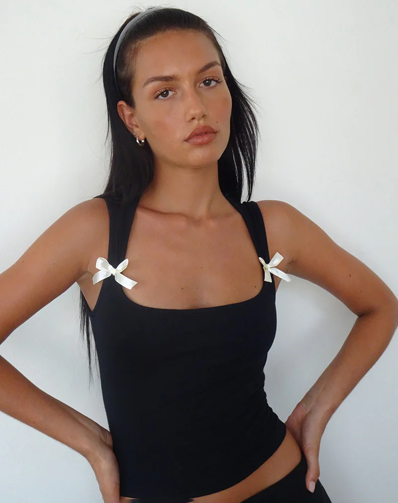Jiniso Crop Top in Black with Ivory Bows - Awmao