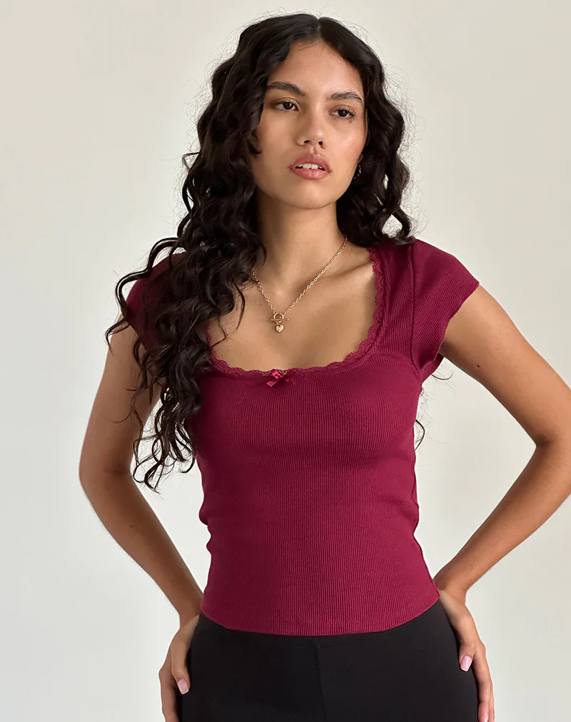 Bovillo Cap Sleeve Top in Burgundy - Awmao