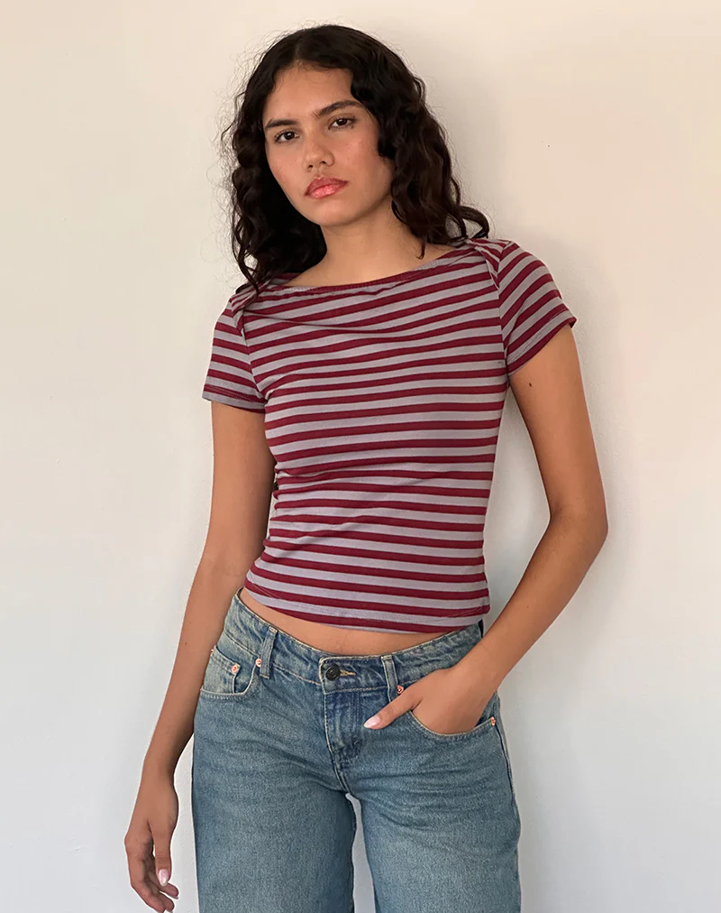 Ralina Short Sleeve Top in Mulberry Grey Stripes - Awmao