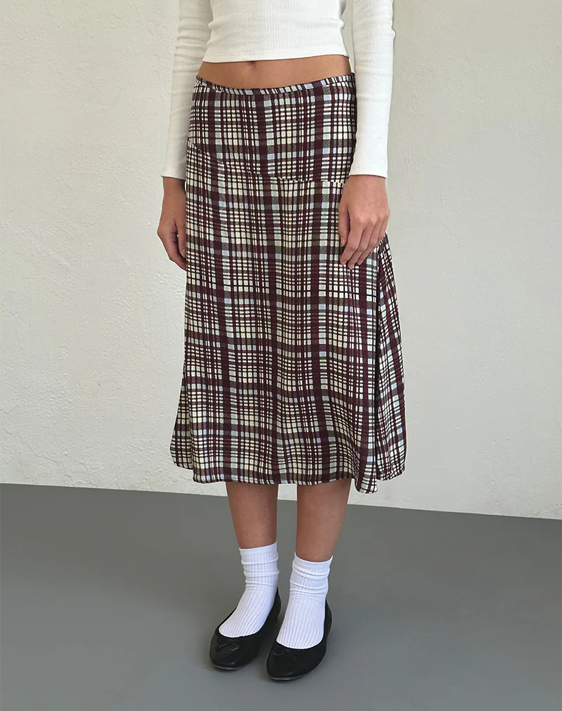 Brella Midi Skirt in Multi Check Brown - Awmao