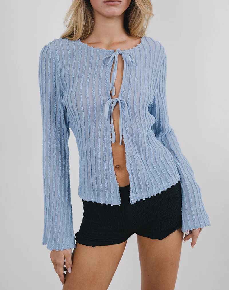 Araceli Tie Front Cardigan in Crinkle Blue - Awmao