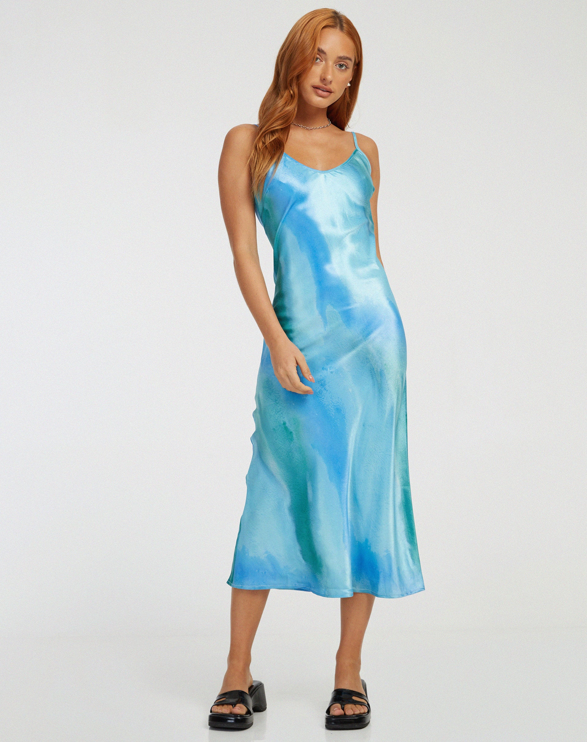 Juvina Midi Dress in Satin Watercolour Tosca - Awmao