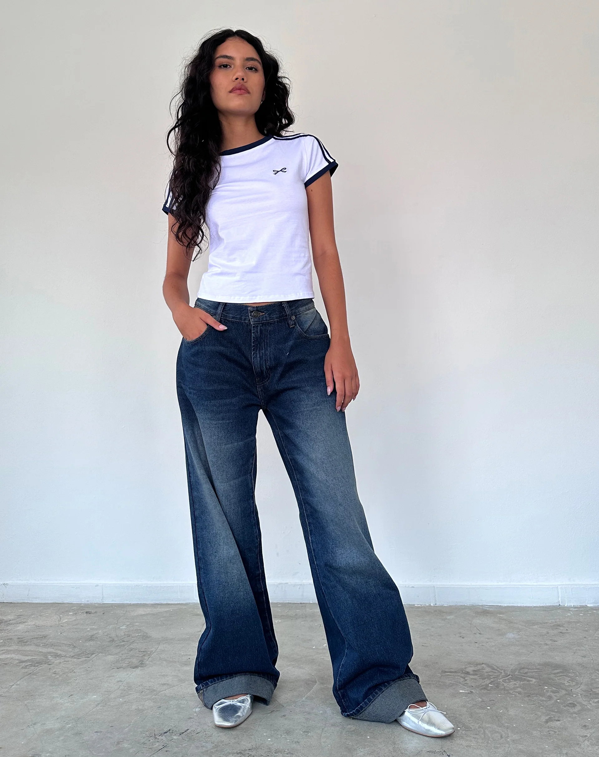 Salda Sporty Tee in White with Navy Binding - Awmao