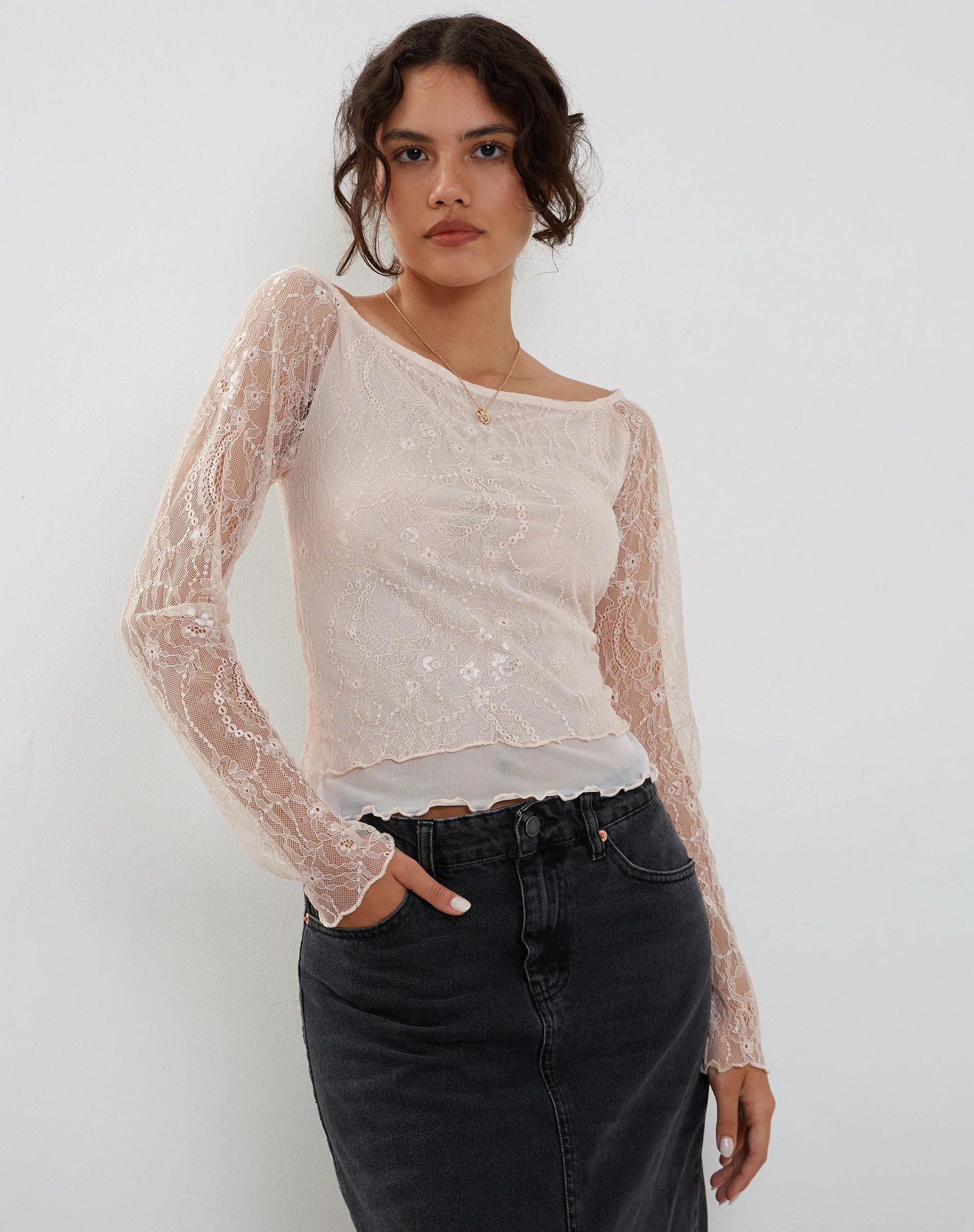 Rory Long Sleeve Lace Top in Pink - Awmao
