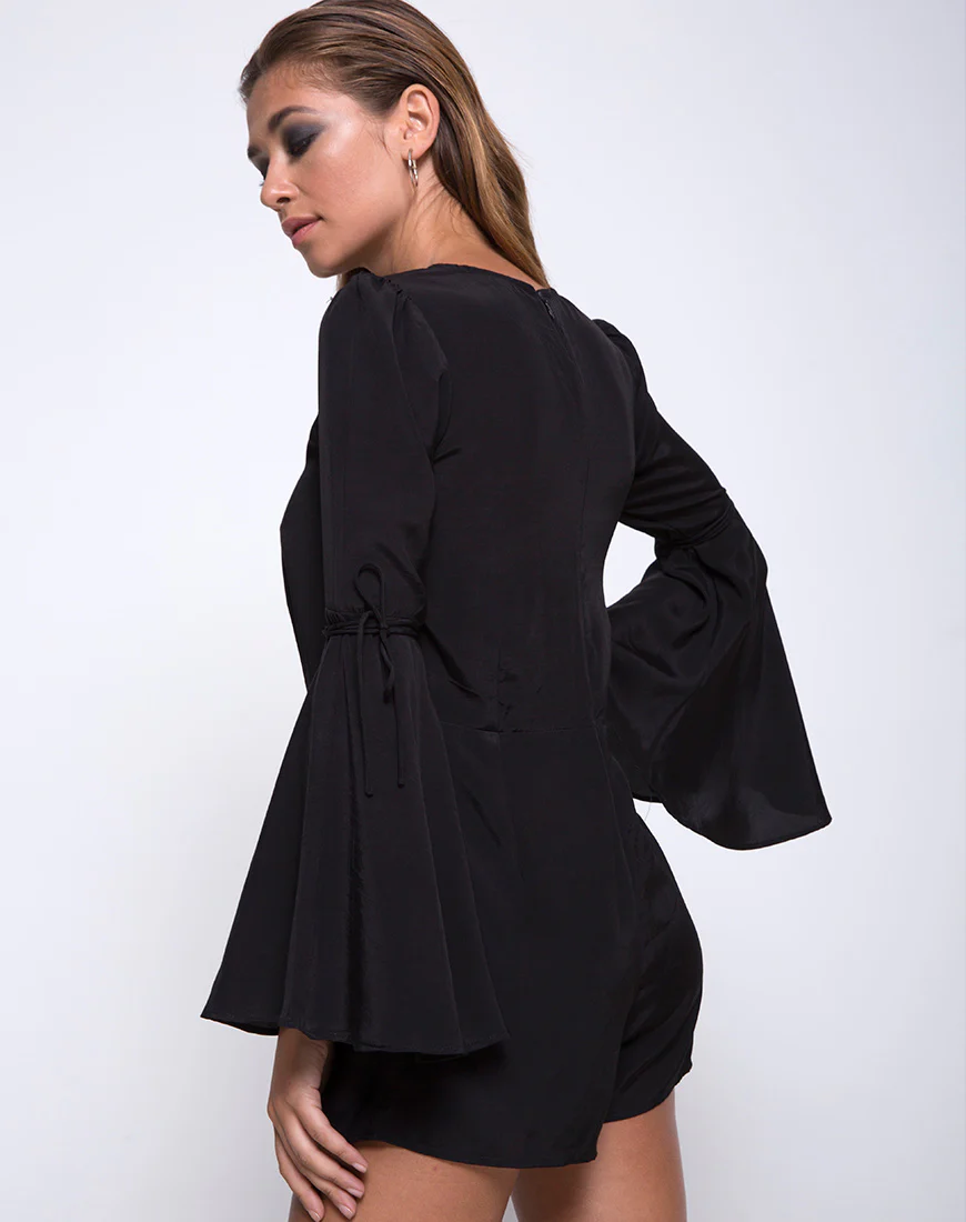 Holila Flute Sleeve Playsuit in Black - Awmao