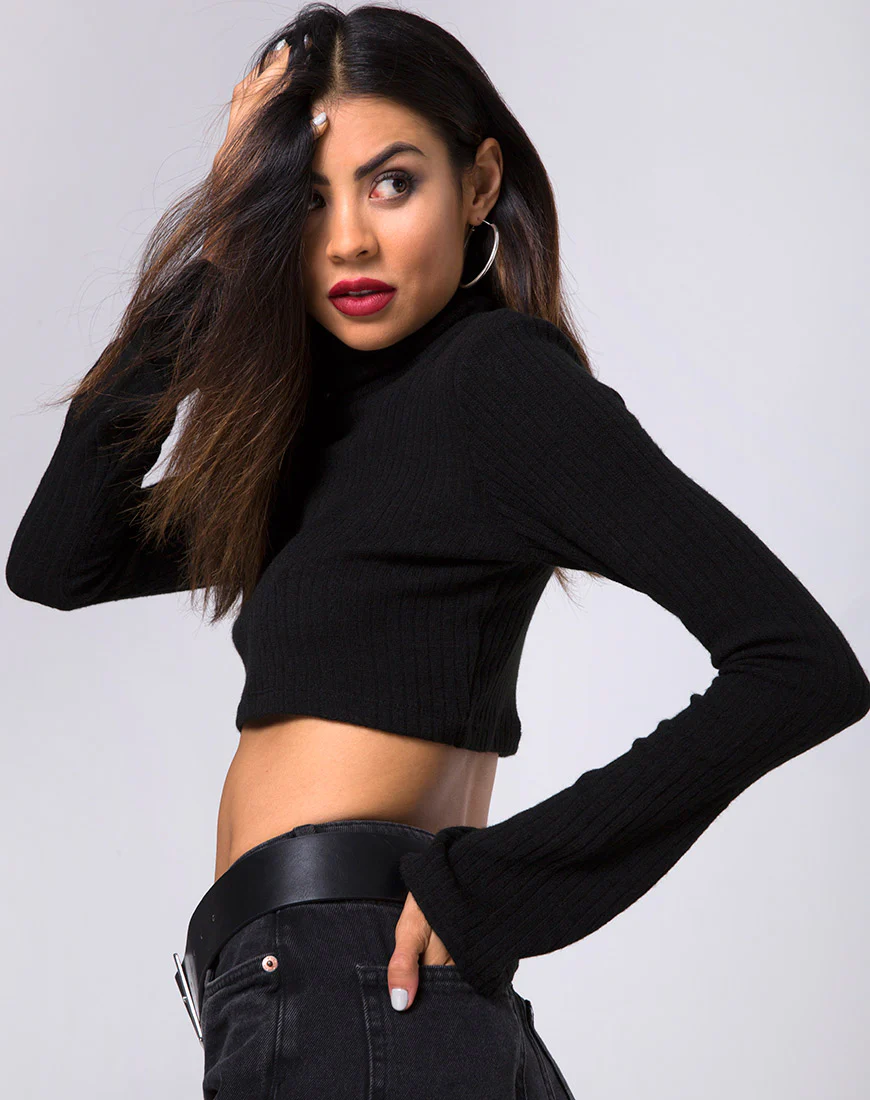 Elena Crop Top in Rib Knit Black - Awmao
