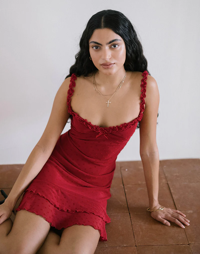 Bestari Mini Dress in Basic Polka Cherry - Awmao