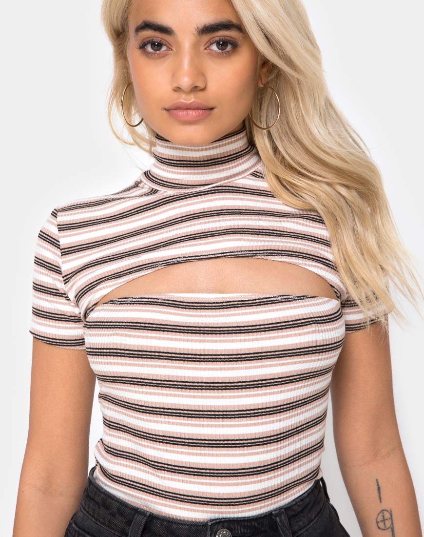 Shidi Cutout Bodice in Rib Stripe Cream Black and Tan - Awmao