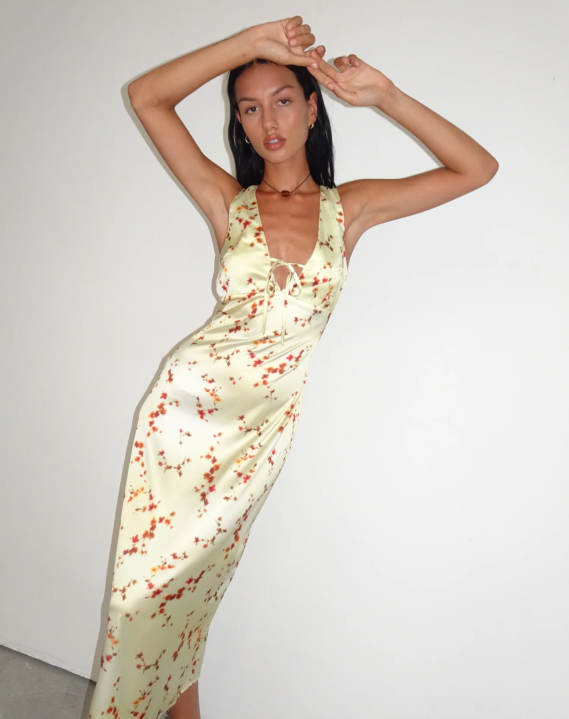 Lasanda Maxi Satin Dress in Bohemian Floral Yellow - Awmao
