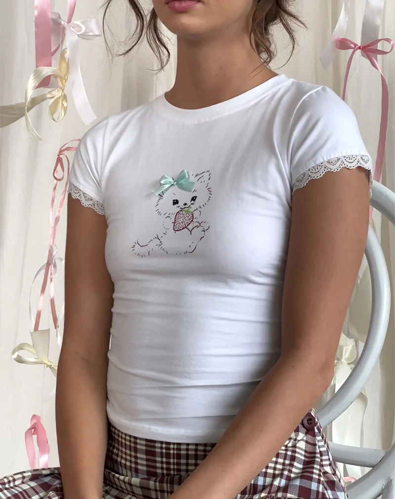 Izzy Tee in White with Strawberry Cat Print - Awmao