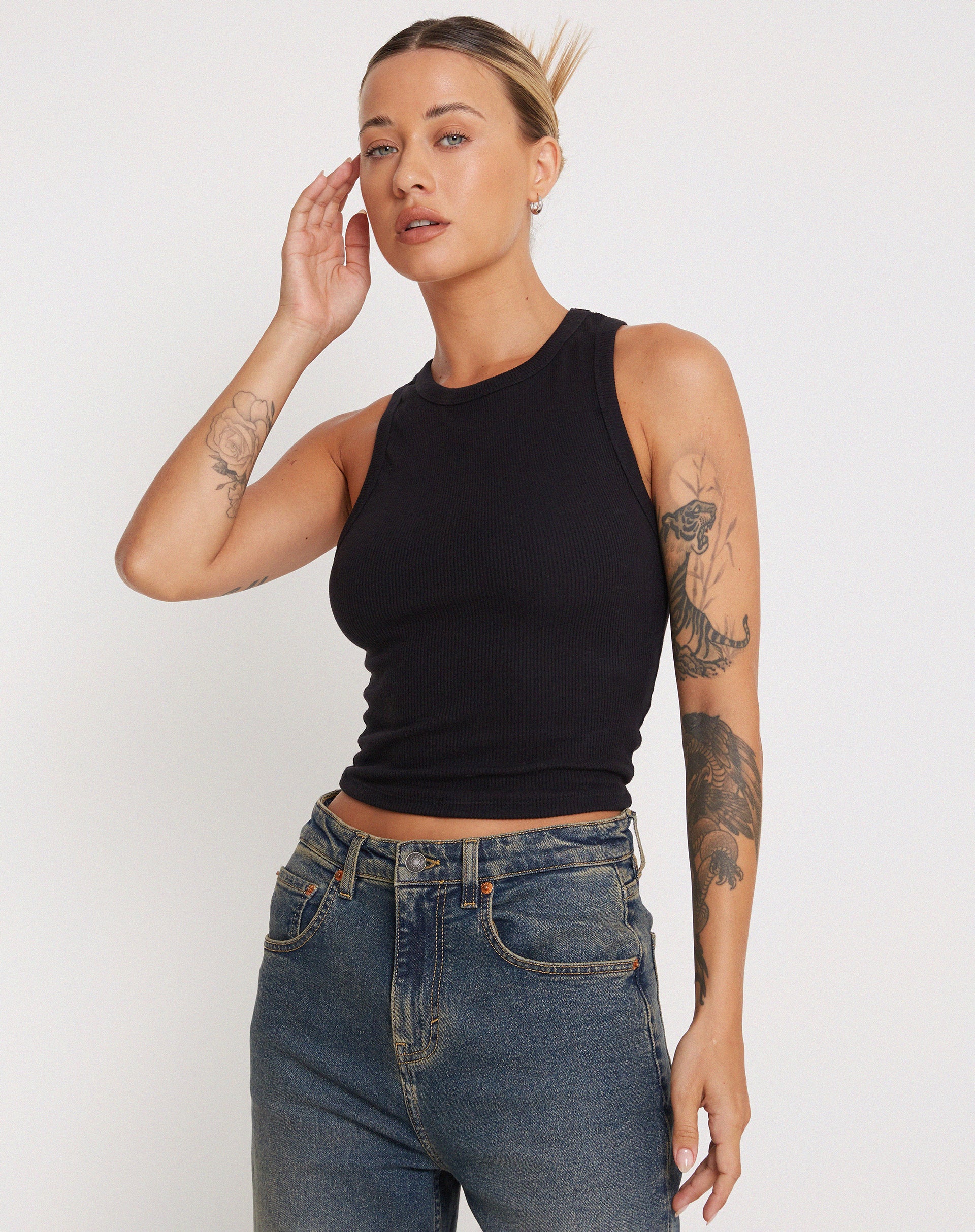 Rave Vest Top in Rib Black - Awmao
