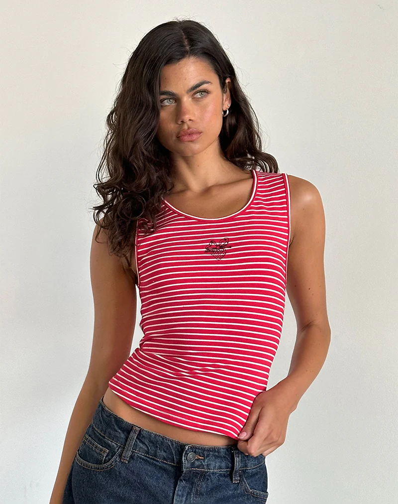 Lorica Tank Top in Red and White Stripe with Strawberry Emb - Awmao
