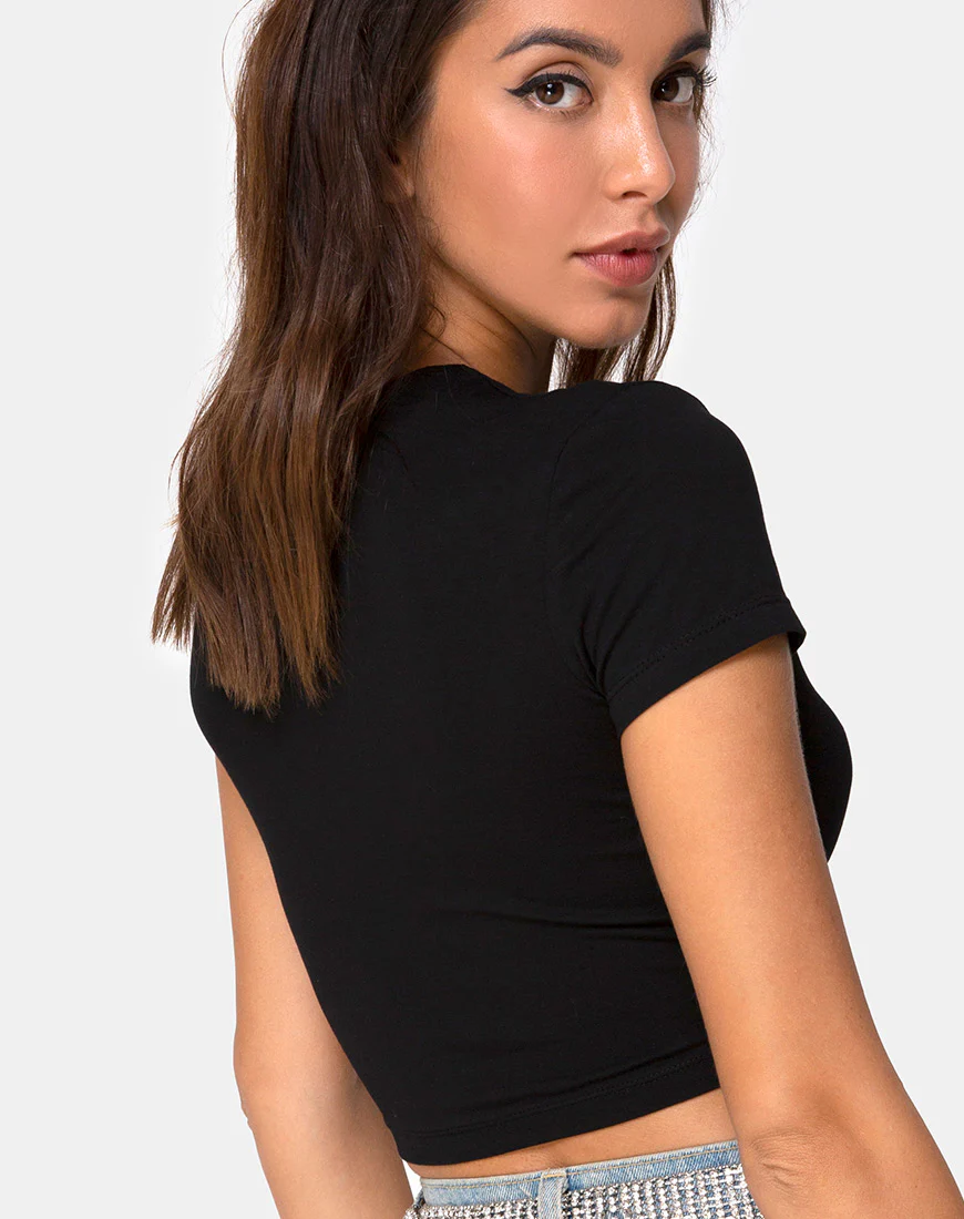 Tiney Crop Top Tee in Black with Diamante Hotfix - Awmao