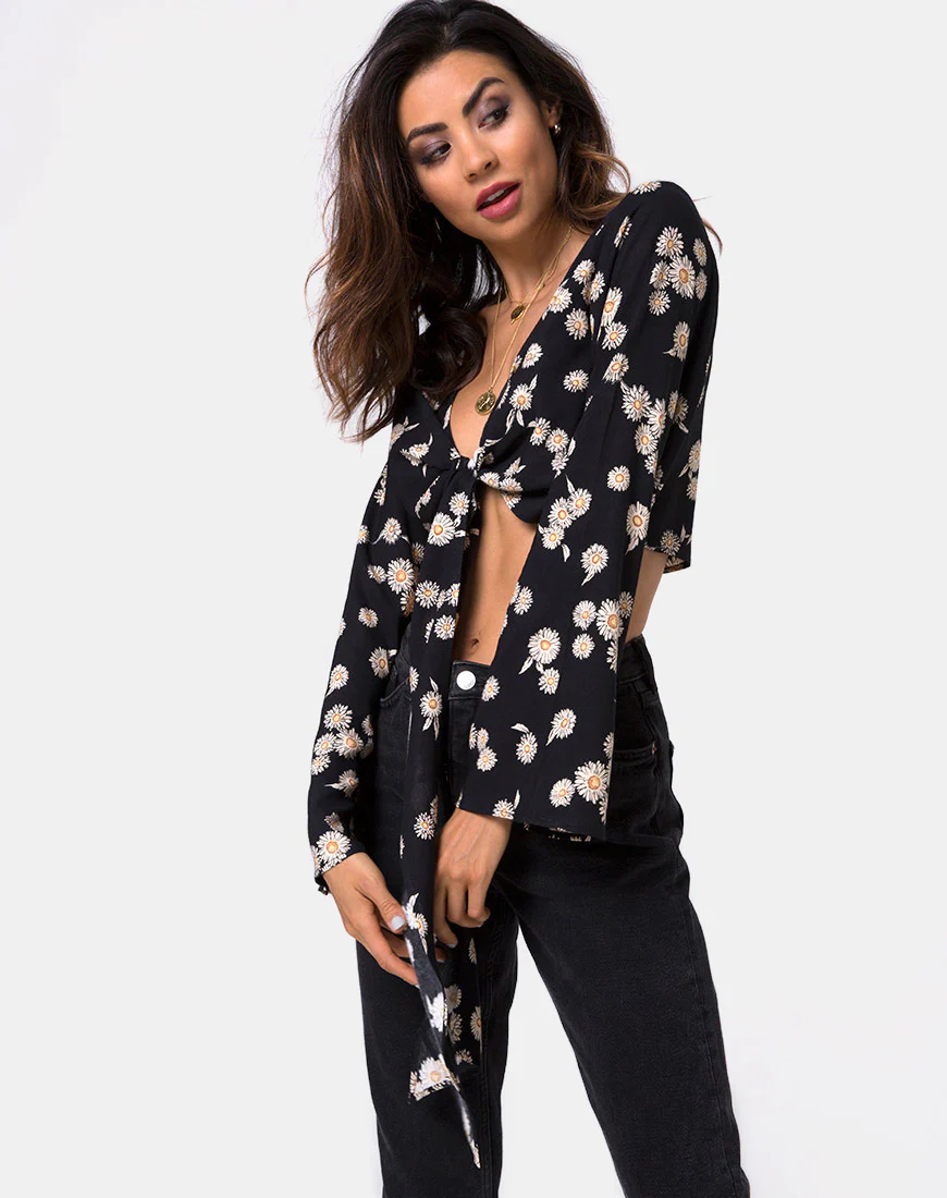 Laya Wrap Top in Grunge Daisy Floral - Awmao