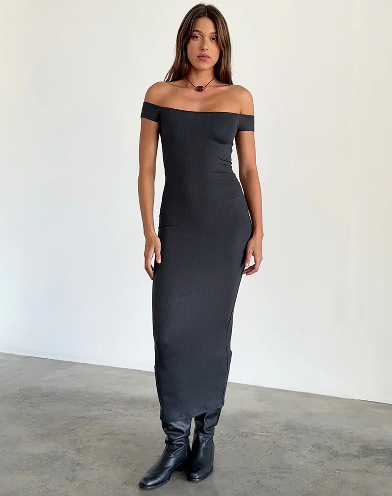Racha Thick Rib Bardot Maxi Dress in Black Forest - Awmao