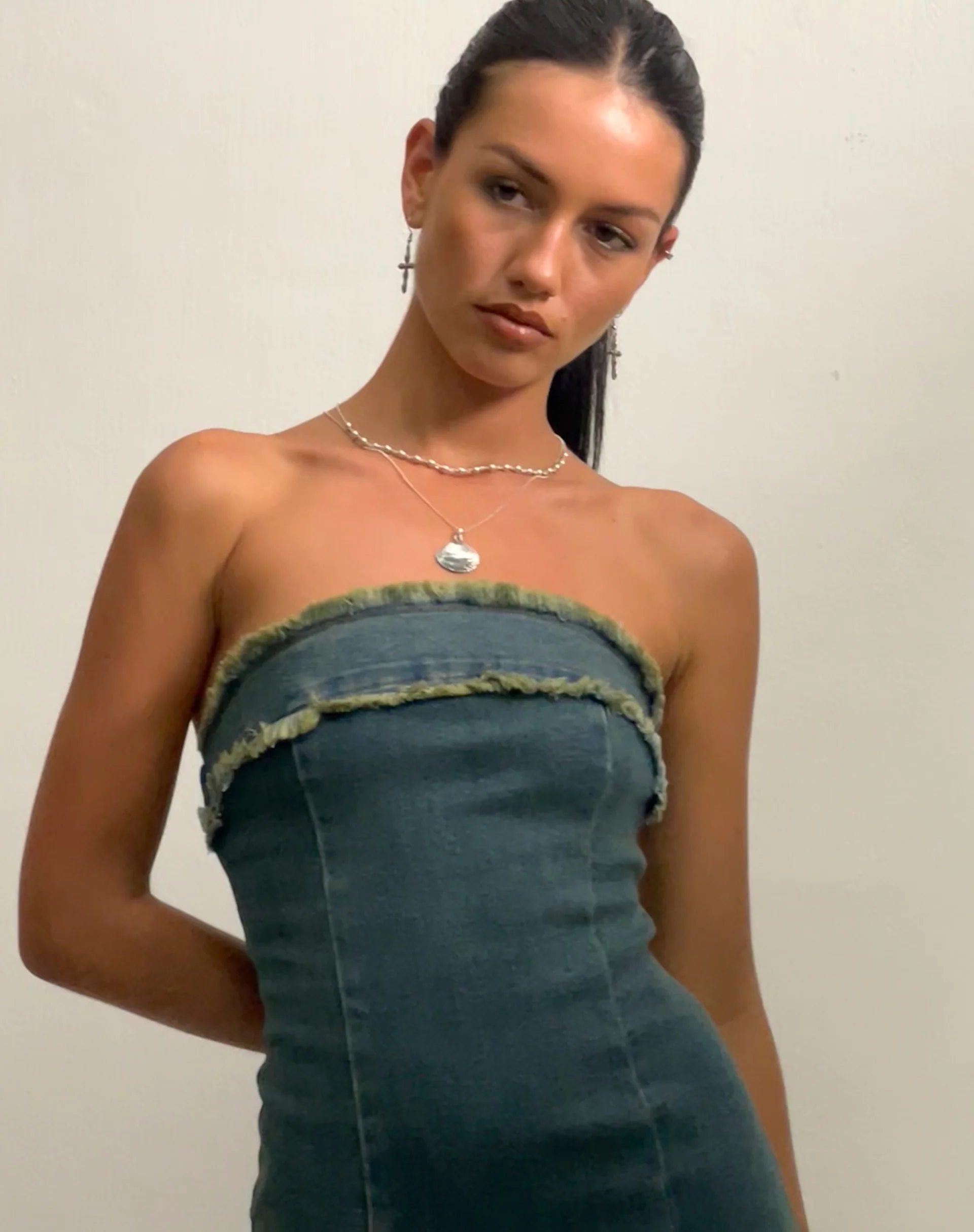 Atun Denim Bandeau Maxi Dress in Brown Blue Acid Wash - Awmao