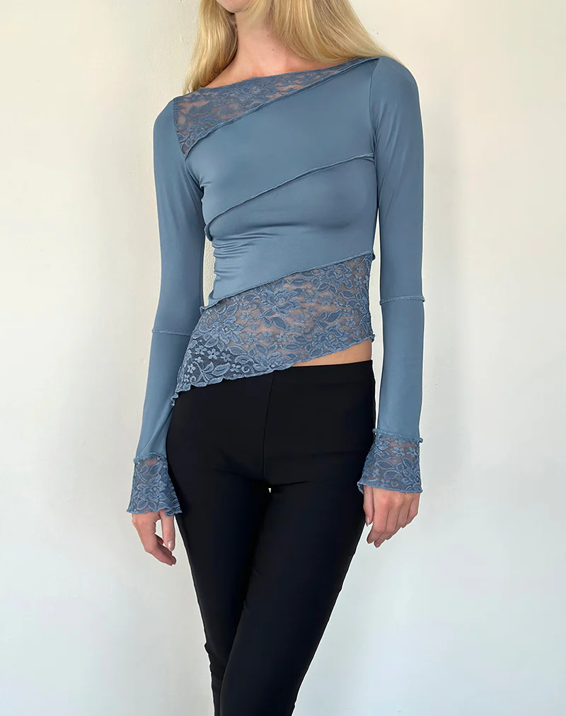 Lucca Long Sleeve Top In Lace Steel Blue - Awmao