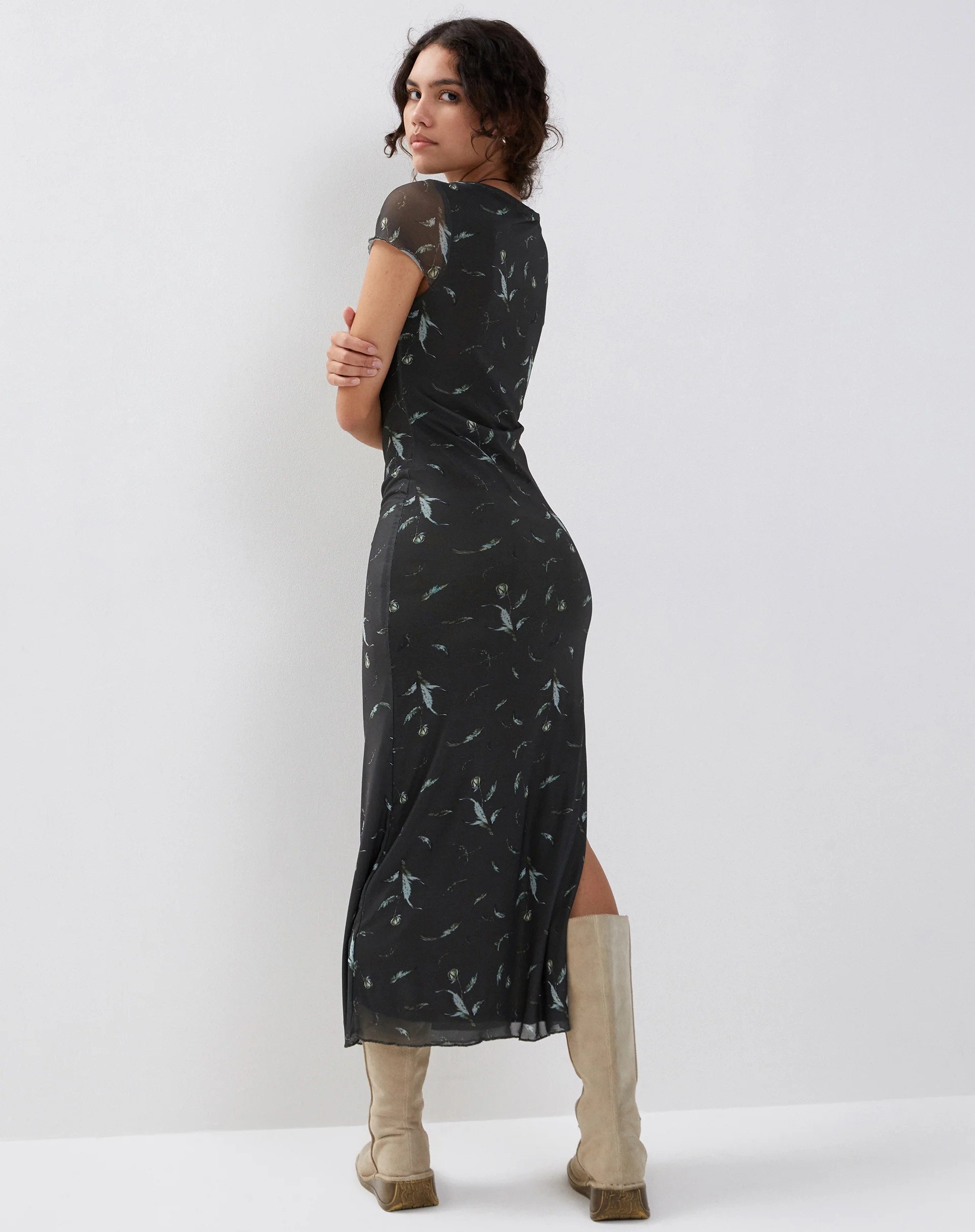 Danari Mesh Maxi Dress in Floral Khaki Silhouette - Awmao