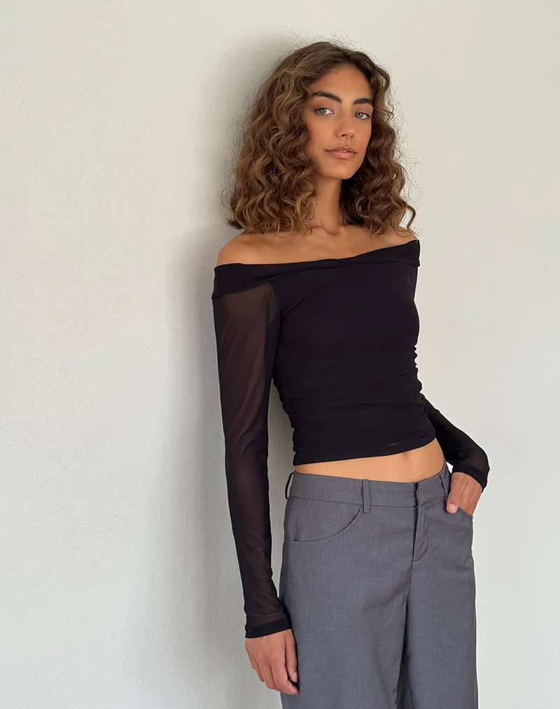 Nauri Long Sleeve Bardot Top in Mesh Black - Awmao