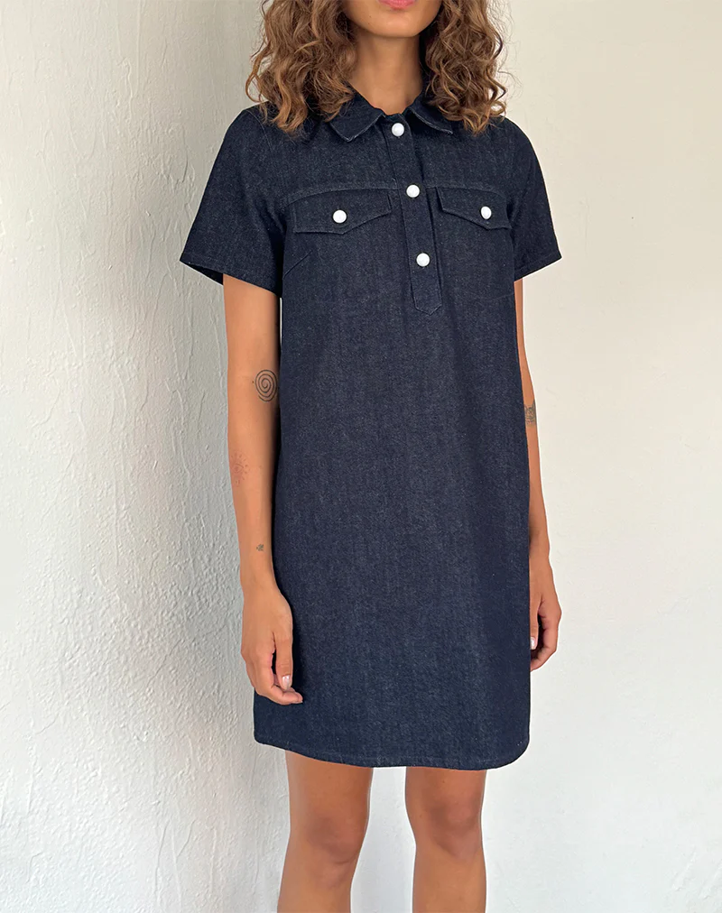 Reiga Smock Mini Dress in Denim Indigo - Awmao