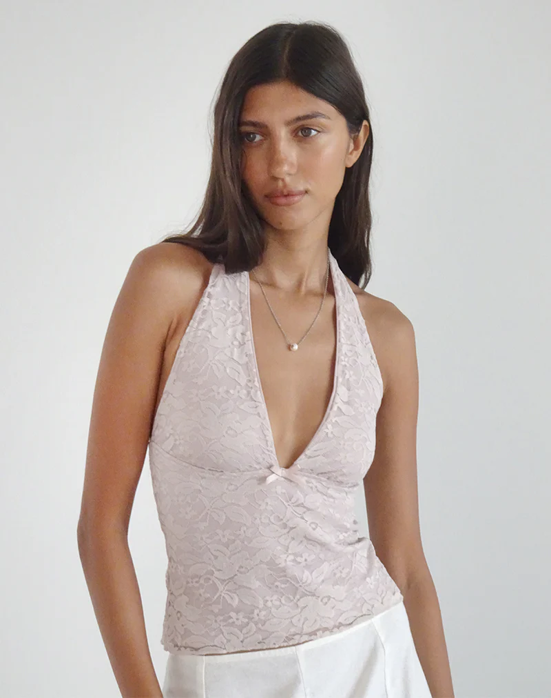 Aksa Halterneck Top in Lace Lotus Pink - Awmao