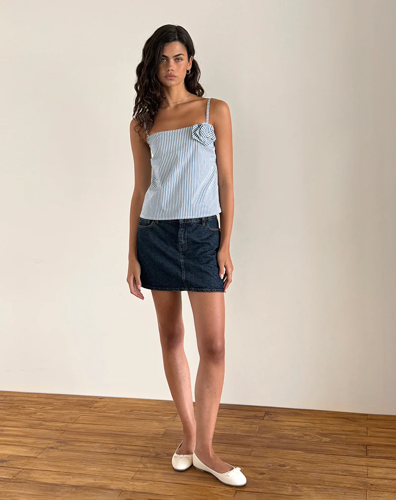 Flowa Top in Blue Small Vertical Stripe with Rosette - Awmao