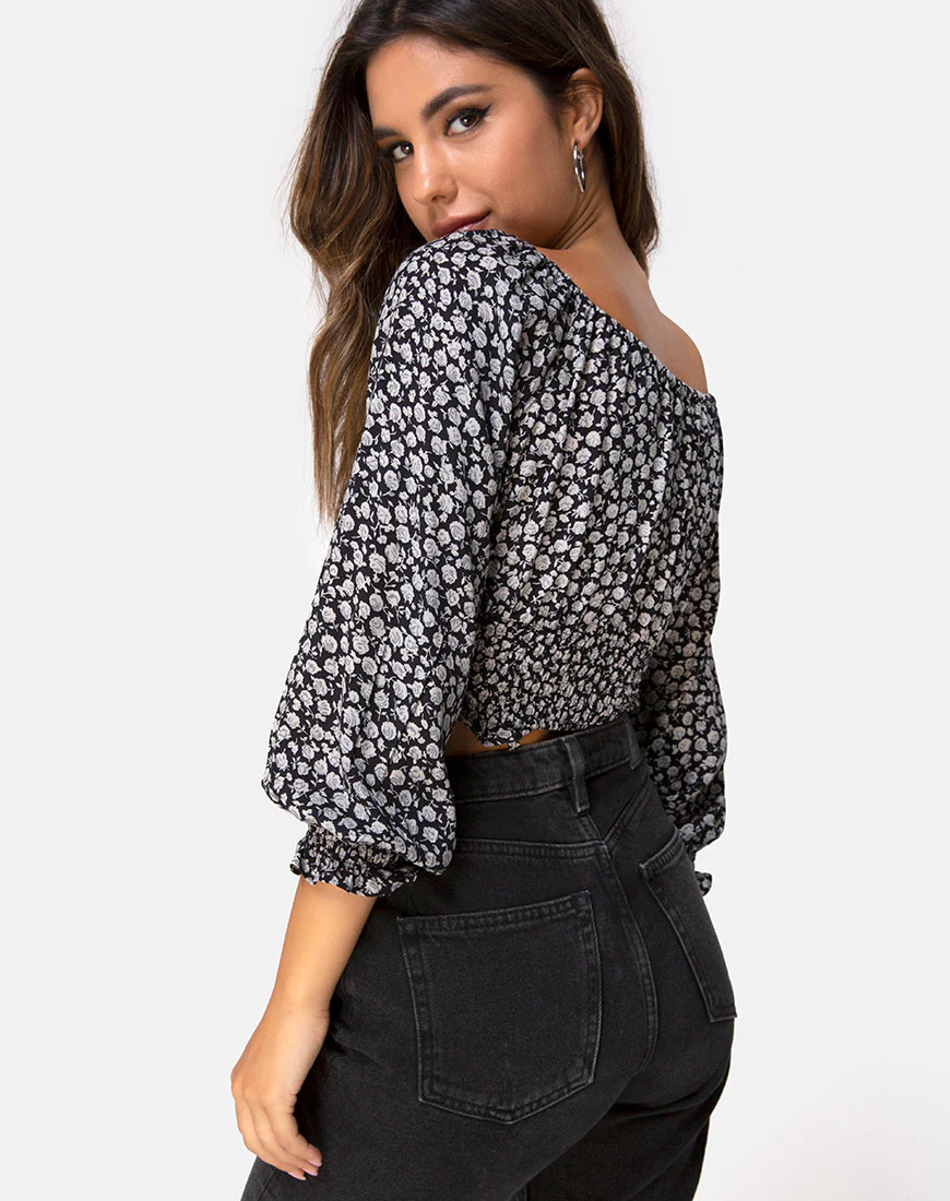 Lancer Crop Top in Ditsy Rose Black - Awmao