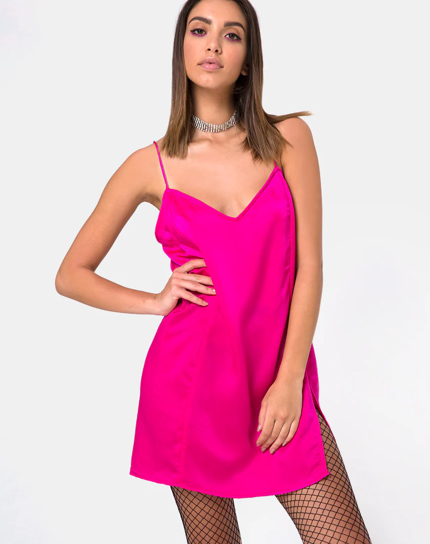 Batista Slip Dress in Fuchsia Satin Pink - Awmao
