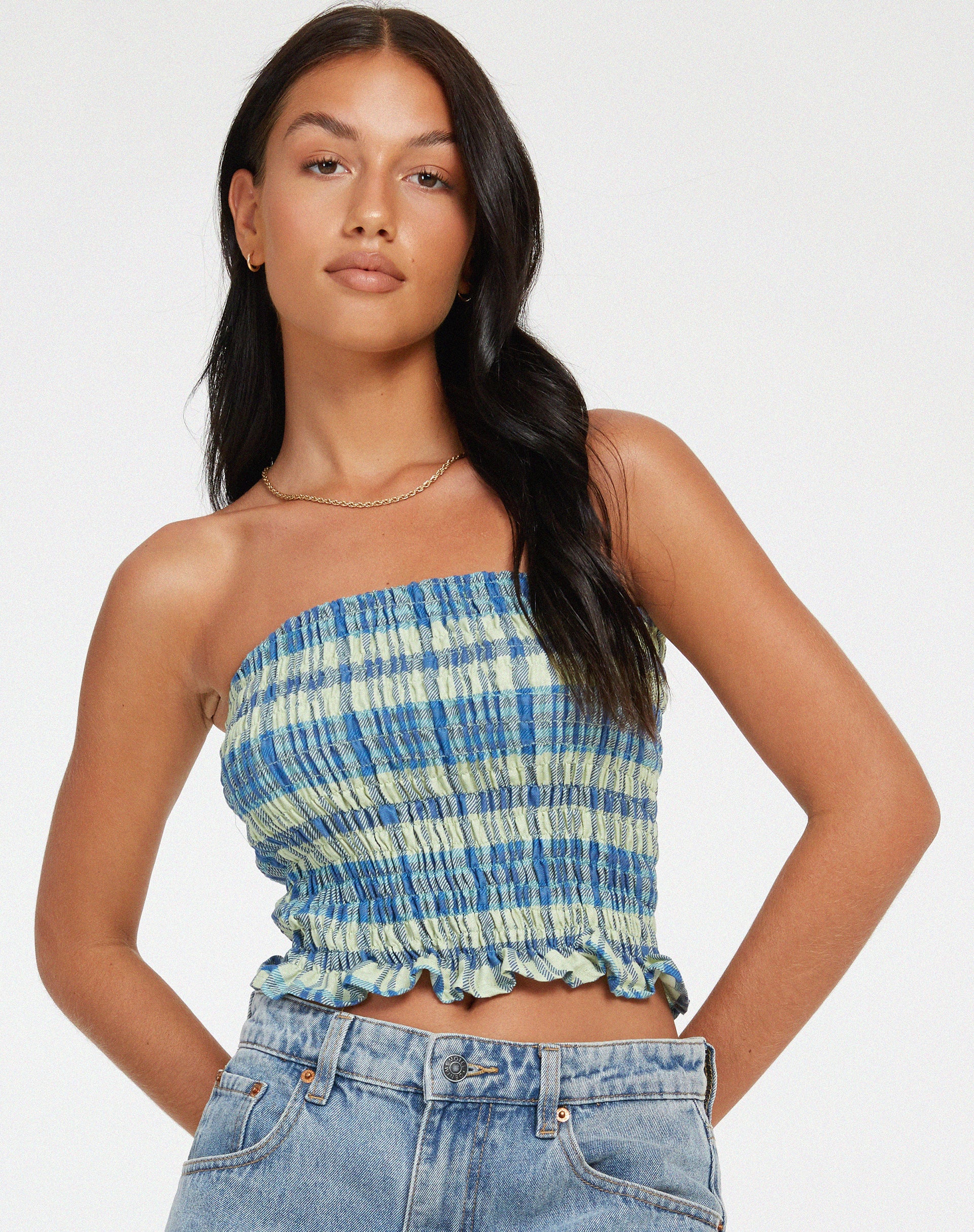 Kiyo Bandeau Top in Colourpop Check Green and Blue - Awmao