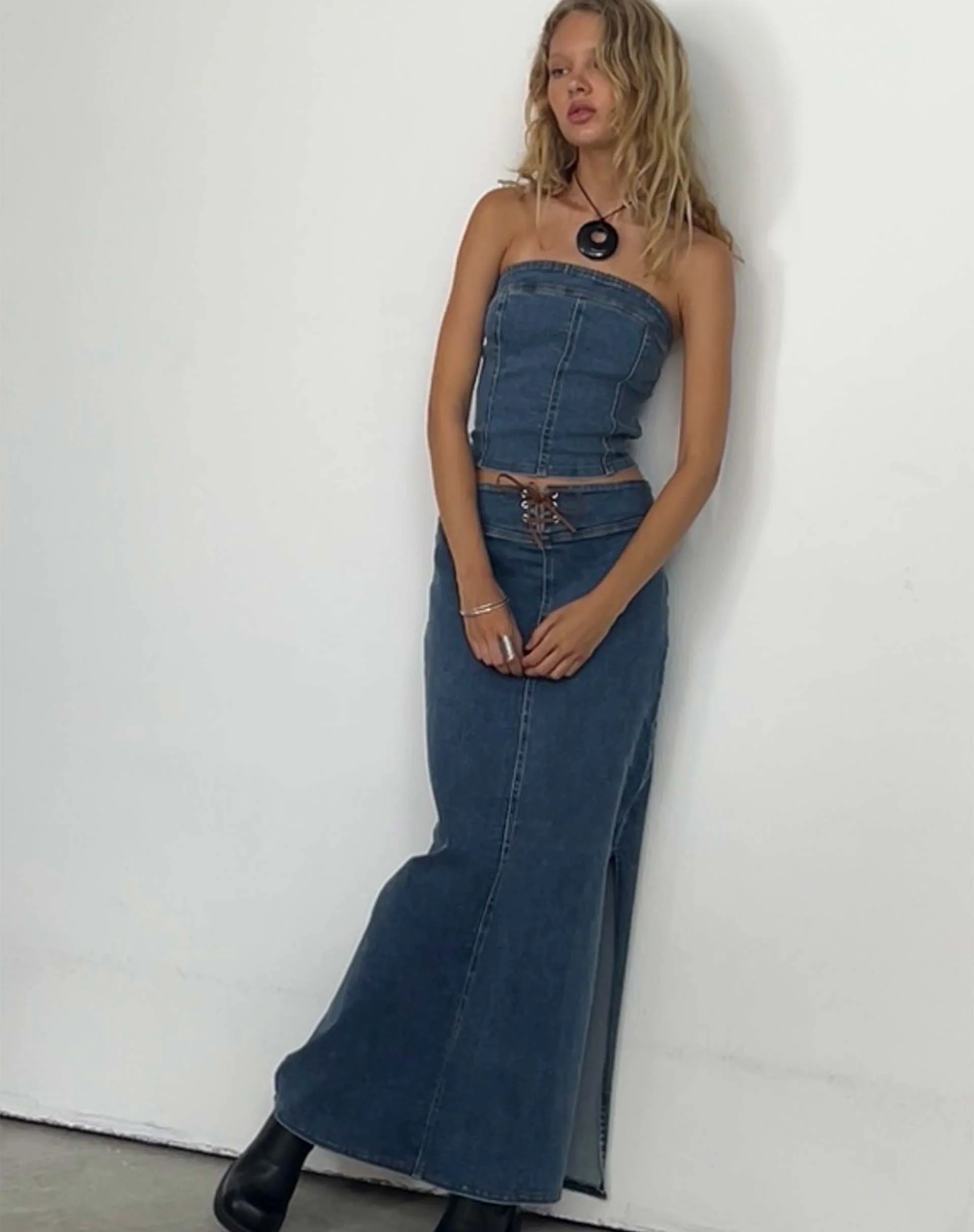 Lafille Denim Maxi Skirt in Blue Wash - Awmao