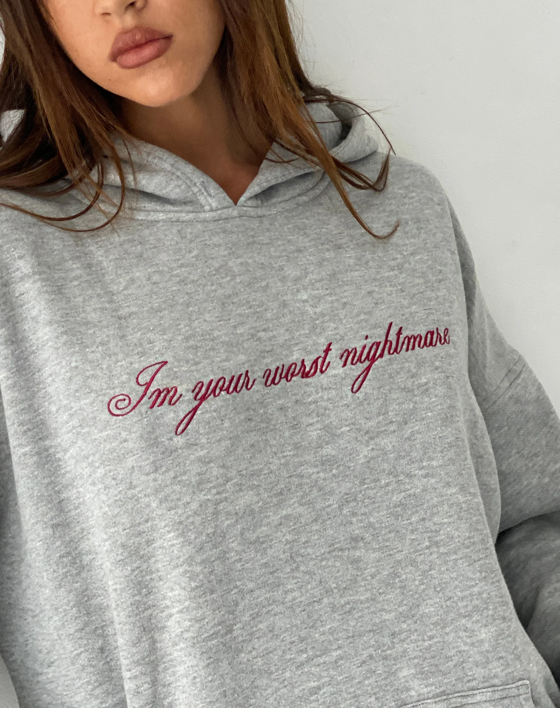 Oversized Hoodie in Grey Marl with Worst Nightmare Embroidery - Awmao